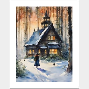 The Return Home ~ A Witch Walks Through The Forest in Winter Home to Her Cottage Posters and Art